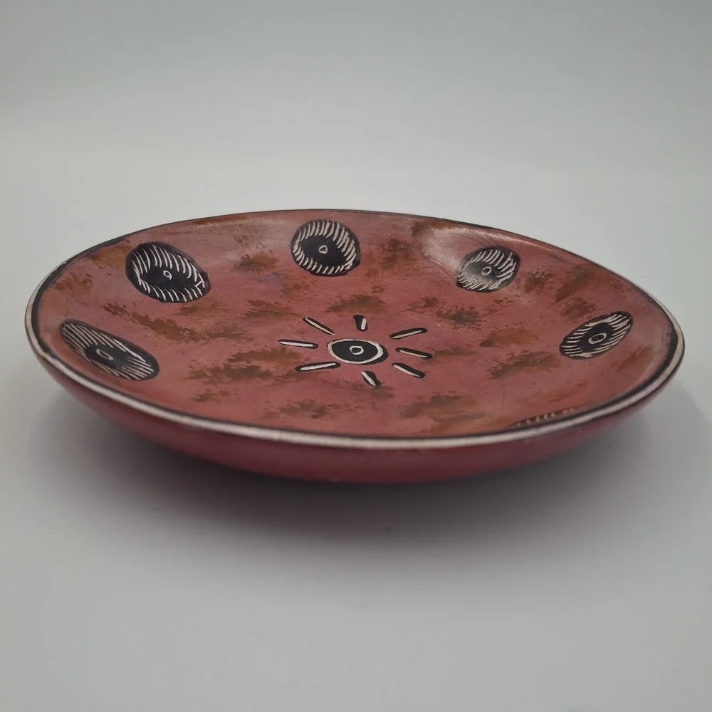 Vintage Southwest Redware Pottery Plate Hand Etched Sun Sgraffito 6